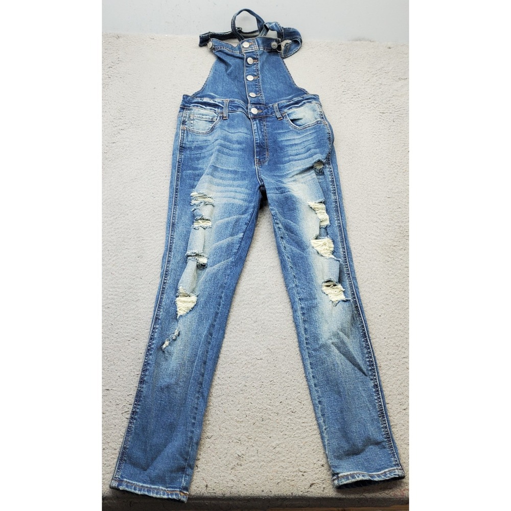 Aéropostale Overalls Womens L Blue Denim Whiskered Faded Distressed Button Front